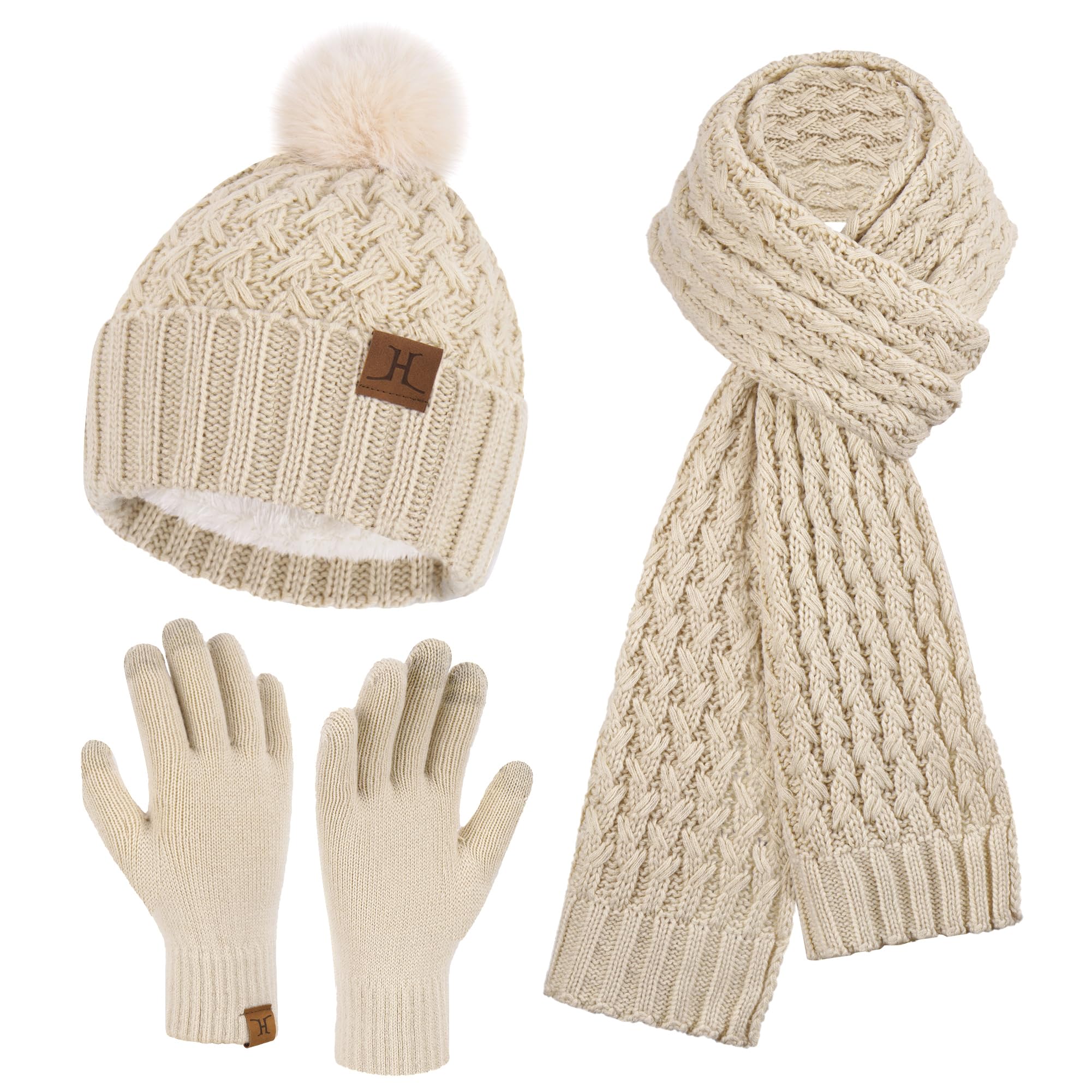 Womens Winter Beanie Hat Touchscreen Gloves Long Neck Scarf Set Warm Knit Caps with Pom Fleece Gifts for Women